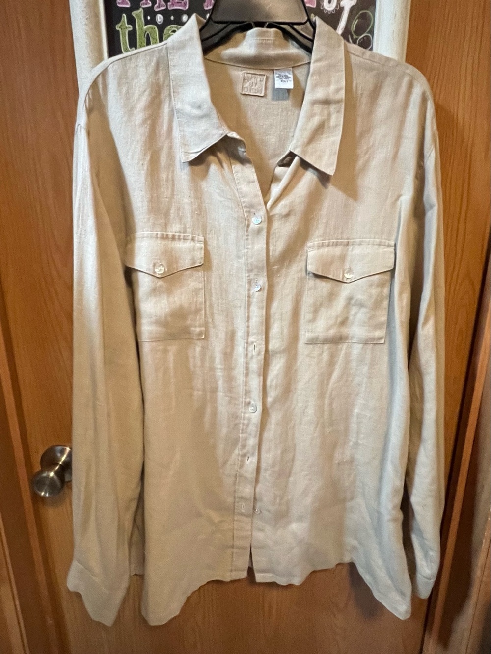 Chico’s Long Sleeve Linen Casual Button-Up Shirt in Beige